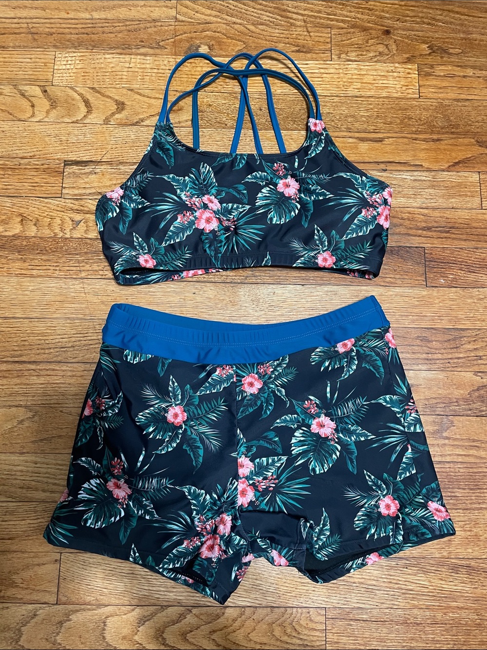 Floral Swim Top & Boyshorts Set in Black with Pink Floral